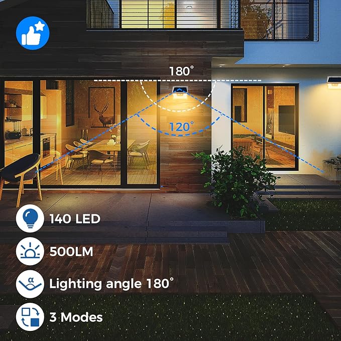 Peasur Solar Lights Outdoor Motion Sensor Waterproof, 4Pack 140LED White Solar Powered Fence Lights, 3 Modes Security Wall Lights for Garden Yard Outside Warm