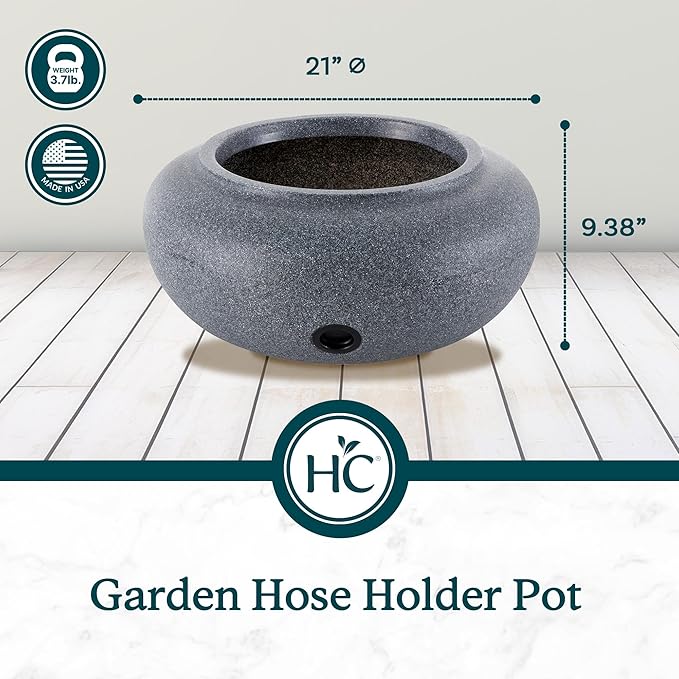 HC Companies Versatile 21 Inch Round Natural Decorative Plastic Outdoor Garden Hose Storage Pot with Side Hole for Faucet Connection, Granite