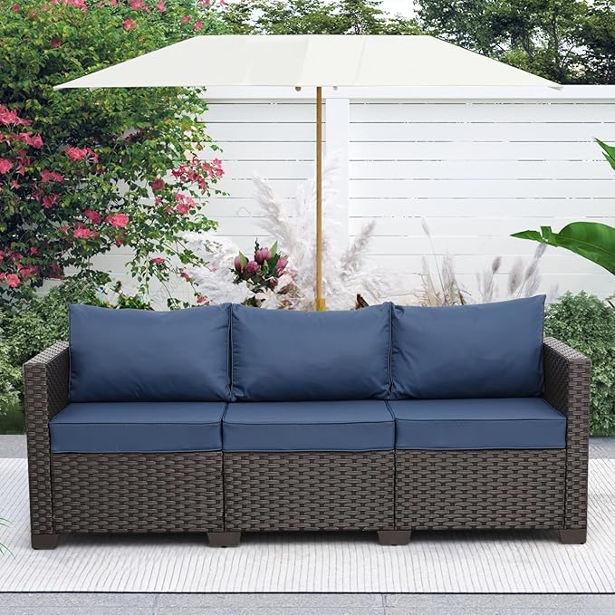 Rattaner 3-Seat Patio Wicker Sofa, Outdoor Rattan Couch Furniture Steel Frame with Furniture Cover and Deep Seat High Back, Blue Anti-Slip Cushion.