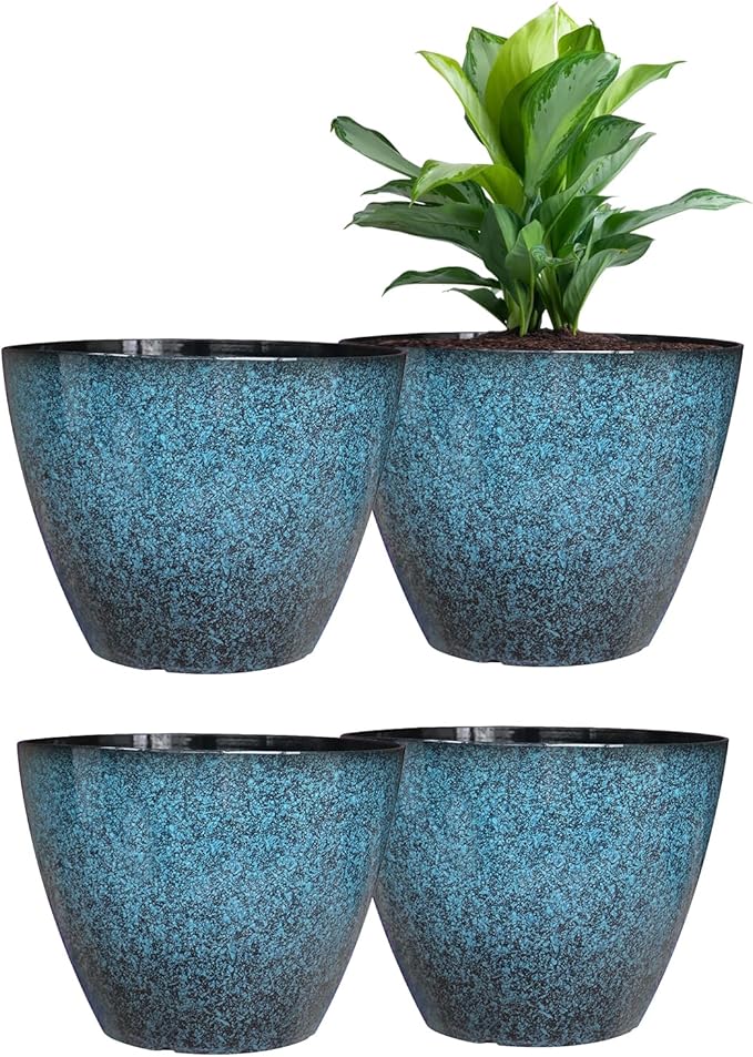 8 inch Plant Pots, Pack of 4 Plastic Planter for Indoor Outdoor Plant with Drainage Holes and Saucers, Flower Pots for Garden Home Decor (Blue, 4pcs)