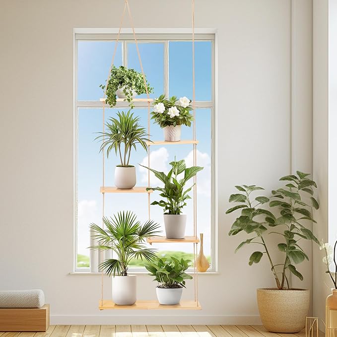 Hemp Rope Hanging Window Plant Shelf from Ceiling for Narrow Space Boho Hanging Plant Shelves, Natural Pine Wooden Plant Hanger Display for Indoor