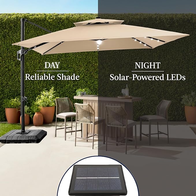 Best Choice Products 12x12ft LED Cantilever Patio Umbrella w/Base Included & 360° Rotation, Large Solar Offset Hanging Outdoor Sun Shade for Deck, Backyard Table w/Stand & Lights – Sand