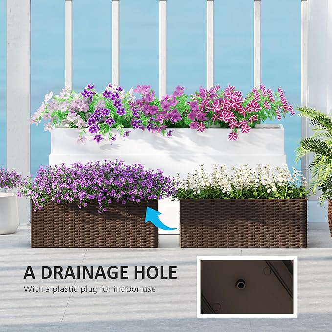 Outsunny Railing Planter Box (2 Pack, 20 Inch), Hanging Flower Pots with Hooks, Drainage Holes for Fence, Balcony, Garden, Patio, Rattan Look, Brown