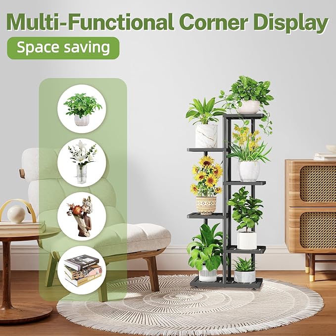 iDavosic.ly Plant Stand with Grow Light Indoor Outdoor, 5-Tier Tall Metal Flower Shelf for Heavy-Duty Large Planters, Corner Orchid Display Rack for Living Room Balcony Patio Porch, Modern Black