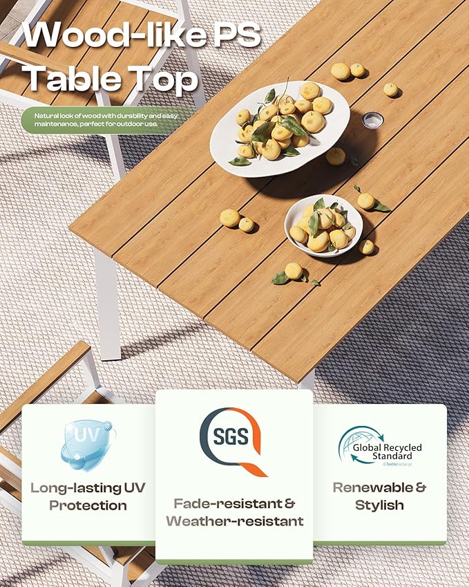 67"*32.3"*29.5" Patio Dining Table, Seamless Rectangle Aluminum + HDPS Outdoor Patio Dining Table with Umbrella Hole, Weather-Resistant for Lawn, Garden, Yard and Indoor Use (White & Teak)