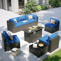 Aoxun Patio Furniture Set with Fire Pit Table, 8 Piece Outdoor Sectional Sofas, Wicker Rattan Outdoor Furniture with Thickened Cushion for Backyard, Garden Navy Blue