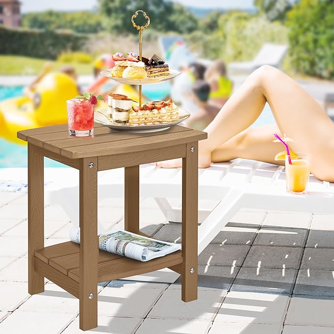 Y&M Outdoor Side Table, HIPS Adirondack Small Double Layer Table, Waterproof Square Outside Table, Balcony Modern End Tables for Patio, Pool, Beach, Porch, Deck, Indoor or Outdoor Use, Brown