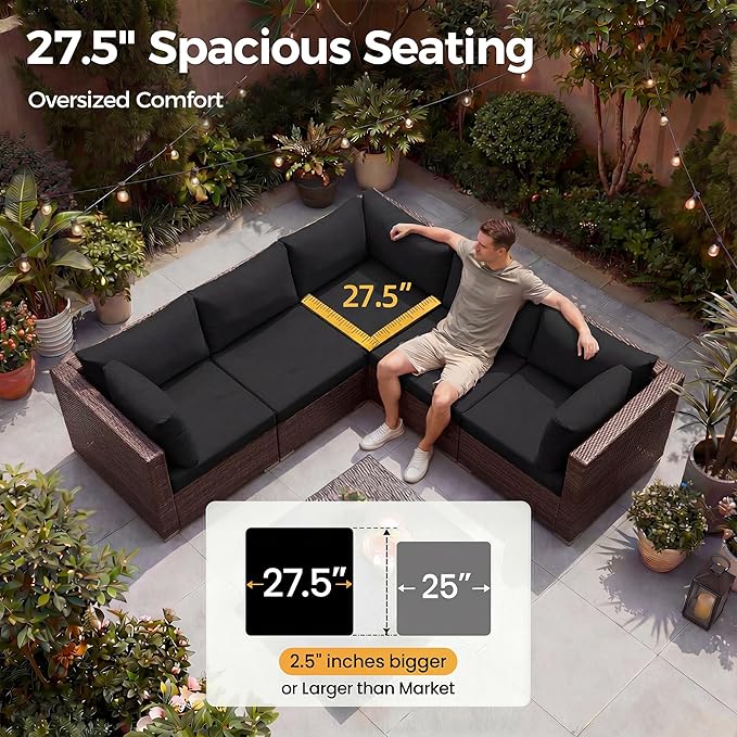 NICESOUL Modern Large Patio Furniture Set with Firepit Propane/Natural Gas, 29.3'' High Back Comfy Outdoor Sectional Couch Sofa Sets, 9 Piece Extra Wide Modular Sitting, Brown Rattan and Black Cushion
