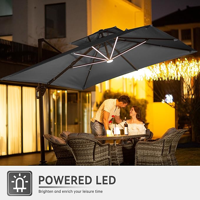 10 X 13 FT Cantilever Outdoor Patio Umbrella with Led Lights Large Heavy Duty 360° Rotation Double Top Offset Rectangular Umbrellas for Backyard Garden Pool Outside Deck, Grey