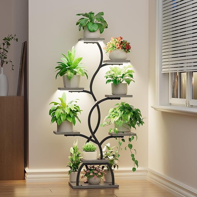 Plant Stand Indoor with Grow Light - 8 Tiered Plant Shelf Indoor, Corner Plant Stand, 49" Tall Plant Shelf with Lights for Indoor Growing, Lighted Flower Holder for Living Room, Balcony (Gray)