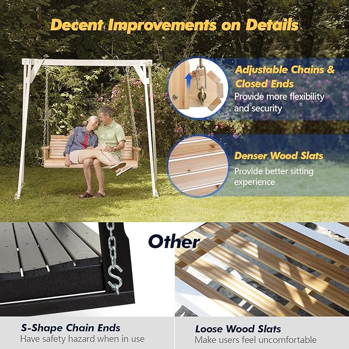 VINGLI Upgraded Patio Wooden Porch Swing for Courtyard & Garden, Heavy Duty 880 LBS Swing Chair Bench with Hanging Chains for Outdoors (Natural, 4 FT)