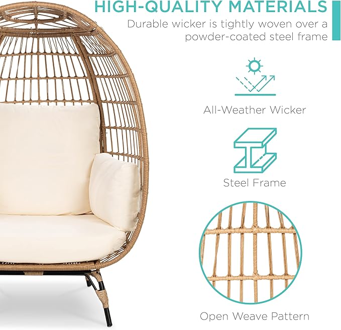 Best Choice Products Wicker Egg Chair, Oversized Indoor Outdoor Lounger for Patio, Backyard, Living Room w/ 4 Cushions, Steel Frame, 440lb Capacity - Ivory