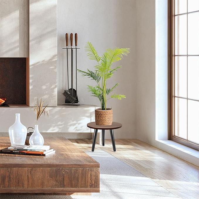Indoor Plant Stand,Wood Mid Century Plant Table in Walnut Finish,Tall Plant Stand for Flower Pot,Modern Round Small Side End Table(Walnut (no Raised), 12"x10.8" 2 Pack)