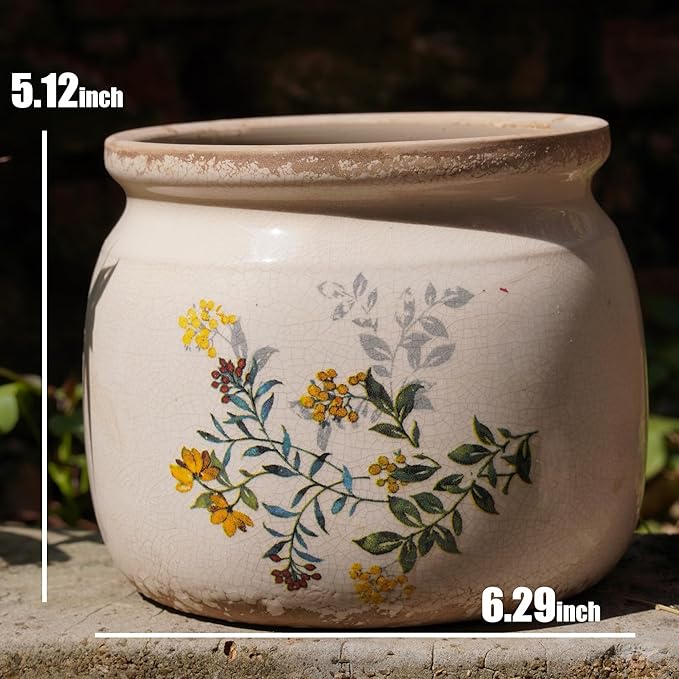 Vintage Ceramic Ice Crack Flower Pot with Drainage Holes, Country Rustic Planters for Indoor and Outdoor,Tuscan Decor,Home,Living Room, Garden Decor, Gardening Gift (English)