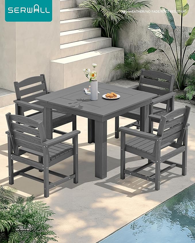 SERWALL Outdoor Dining Set for 4, HDPE Square Table and Chairs Set All Weather Patio Dining Set with 4 Classic Dining Chairs, 5-Piece Patio Dining Furniture for Deck, Gray