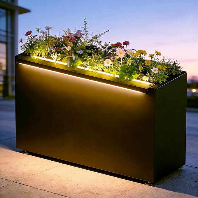 GSK 30" L Black LED Metal Planter Rectangle Flower Box Light Strips ×2 Galvanized Trough Indoor Rectangular Outdoor Patio Terrace Balcony Garden Plant with Drainage Holes & Insert