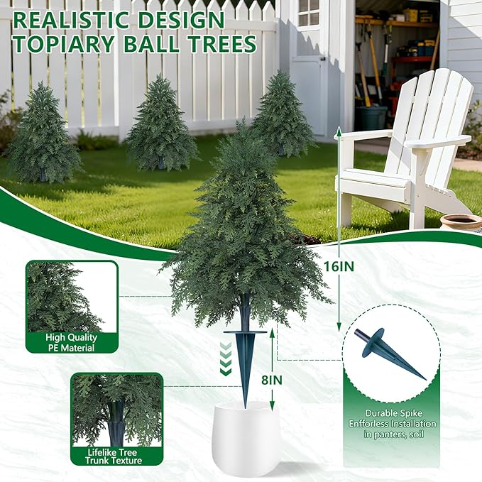 Artificial Cypress Topiary Cedar Trees with Ground Spike, 2 Pieces Fake Pine Shrubs Bushes, UV Resistant Faux Evergreen Tree Plants for Indoor Outdoor Planters Front Porch