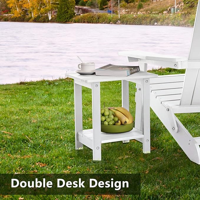 Double Adirondack Outdoor Side Table Weather Resistant, Patio Rectangular End Table for Adirondack Chair, White