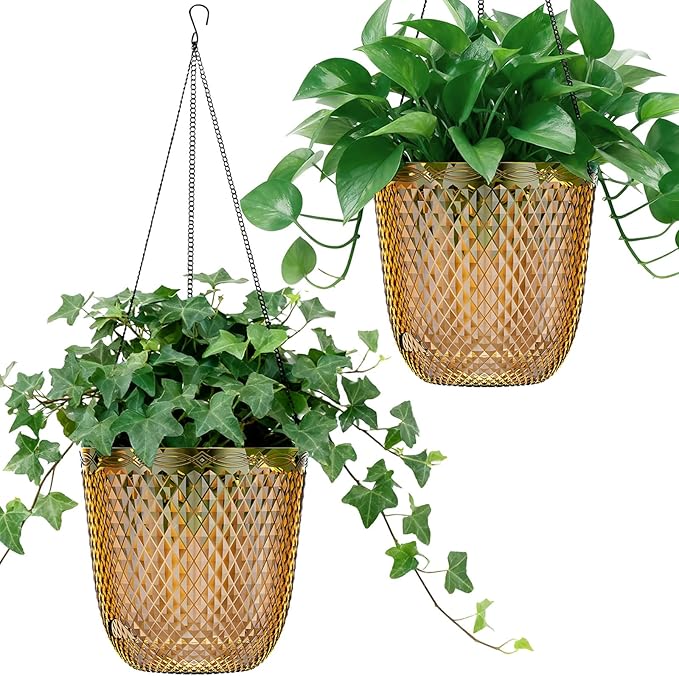 QCQHDU Self Watering Hanging Pots, 2 Pack 7.2 Inch Hanging Planters for Plants Indoor, Outdoor Flower Pots with Drainage Holes and 3 Hooks Chains for Garden Home (Gold)