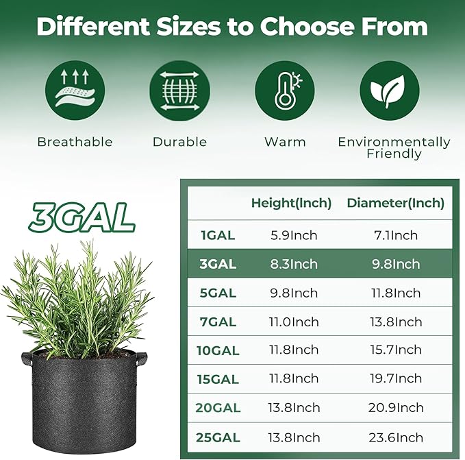 T4U 3 Gallon Grow Bags, Upgrade Grow Bags with Handles, Heavy Duty Thickened Nonwoven Fabric Pots, 3 Gallon Pots for Plants, Rosemary, Chamomile, Onion (10 Pack)