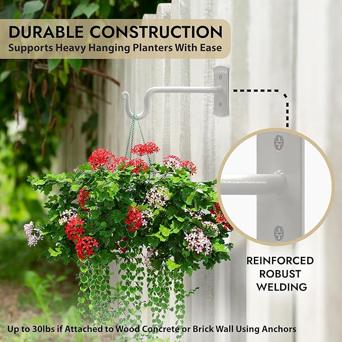 RTZEN Plant Hangers Indoor or Outdoor - Wrought Iron Metal Hanger Indoor Hook - Heavy Duty Wall Bracket Hooks for Hanging Plants Baskets Lanterns Wind Chimes - 2 Pack (White Shepherds Hooks 7.5")