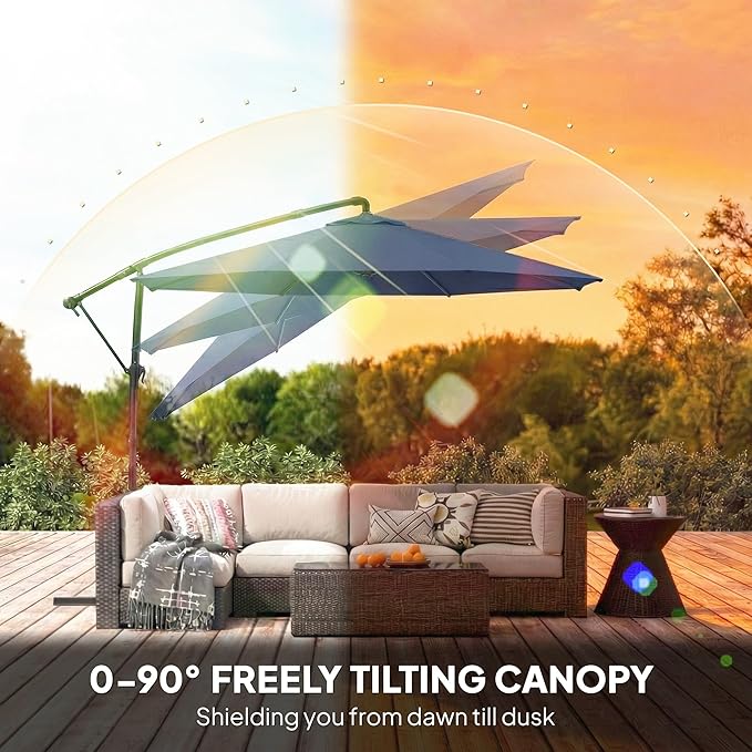 Outsunny 10 ft Offset Patio Umbrella with Cover, Round Hanging Cantilever Umbrella with 6-Position 360° Rotation, Crank Handle, Tilt, Cross Base, Heavy Duty Outdoor Umbrella for Garden