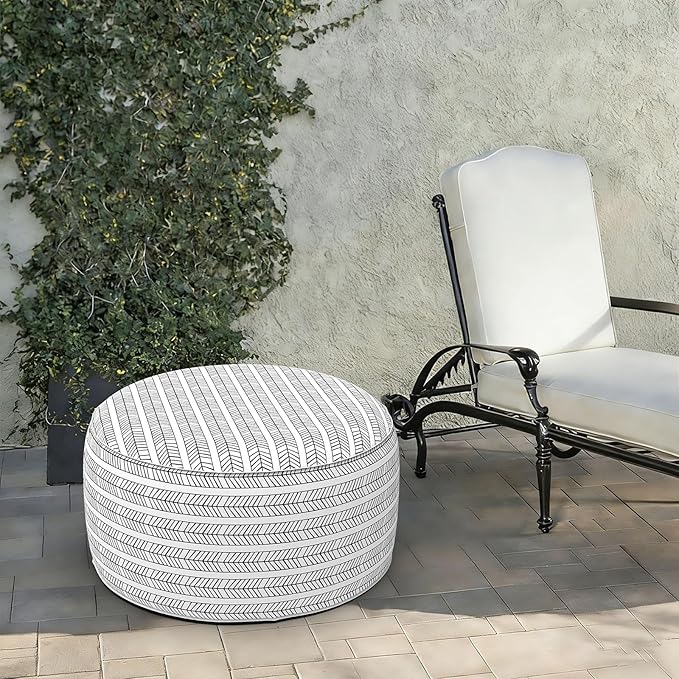 LVTXIII Indoor/Outdoor Extra Large Inflatable Ottoman Pouf D31 x H14 Inch, Round Footstool with Handle, Weather-Resistant Portable Furniture for Patio, Camping, Beach, Herringbone Black White