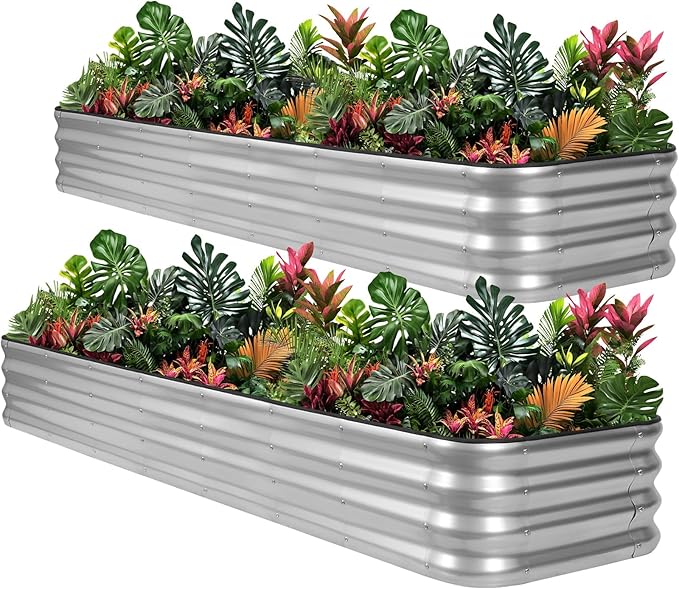 1MORE Raised Garden Bed -8X2X1 Galvanized Planter Box for Outdoor Gardening,5 in 1 Modular Raised Bed Kit with Protective Tape, Gloves for Herb,Ideal for Vegetables and Plants.Sliver-2pack