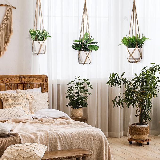 YIBOT 3 Pack Macrame Plant Hanger Indoor Hanging Planter Basket with 3 Hooks, 35"/29"/23" Crochet Plant Holder Stand No Tassels for Indoor Outdoor Boho Home Decor, Brown (POTS NOT Included)