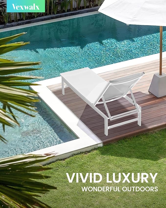 Outdoor Lounge Chairs Set of 2, Aluminum Patio Chaise Lounge Chairs with 5-Position Recliner, Pool Lounge Chairs for Backyard, Poolside, Deck, Lawn (White)