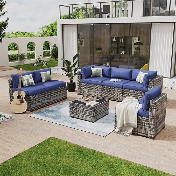 Aoxun 7 Piece Patio Furniture Set Wicker Rattan Patio Conversation Set Outdoor Sectional Sofa Set with Coffee Table and Thickened Cushions, Gray/Blue(Waterproof Cover Included)