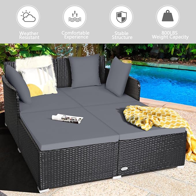 Tangkula Outdoor Rattan Daybed, Wicker Furniture with Spacious Seat, Upholstered Cushion & High-Resilience Sponge, Patio Sofa Set with 4 Pillows, 2-Person Sunbed for Poolside Backyard Garden & Balcony