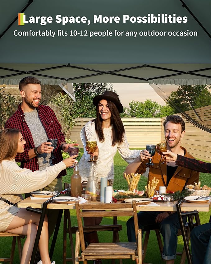 Canopy Tent 12x12 ft, Pop Up Gazebo One-Push Setup with 4 SandBags for Backyard Parties and BBQs, Mosquito Netting & Height Adjustable - Green