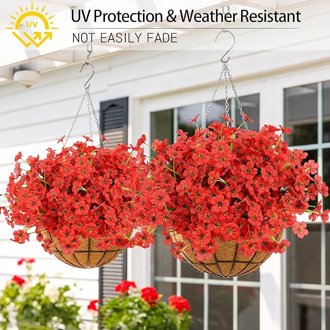MACTING 24 Bundles Artificial Flowers for Outdoors UV Resistant Fake Flowers Faux Plastic Plants No Fade for Planters Window Patio Porch Home Garden Indoor Outside Spring Decorations,Red