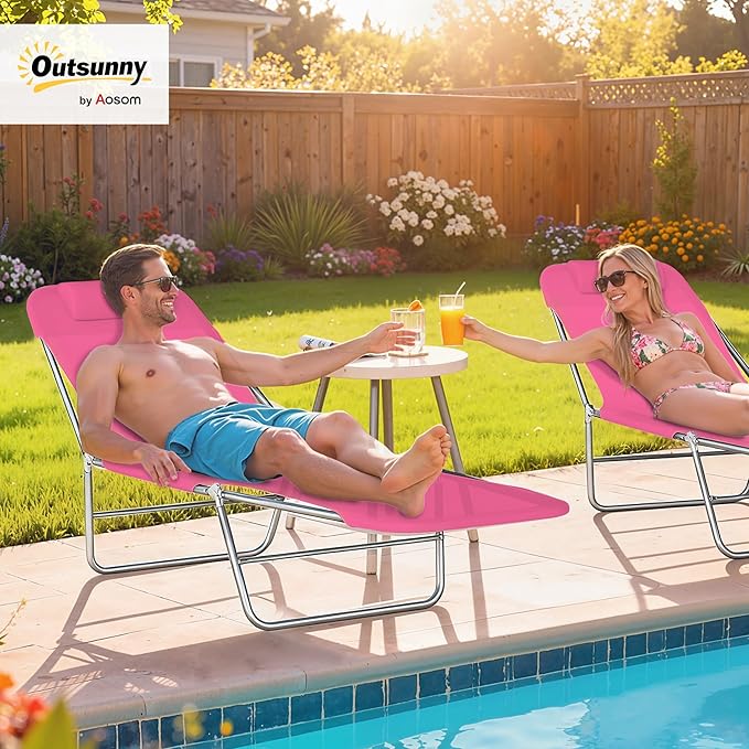 Outsunny Folding Chaise Lounge Chair, Pool Sun Tanning Chair, Outdoor Lounge Chair with Reclining Back, Breathable Mesh Seat, Headrest for Beach, Yard, Patio, Pink
