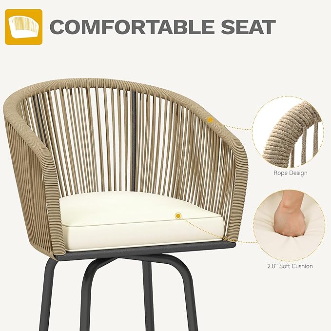 DWVO Outdoor Counter Height Bar Stools Set of 4, Patio Swivel Bar Chairs with Soft Cushions, 360° Rotation, Bar Height Rattan Chairs for Backyard, Poolside, Garden, Beige