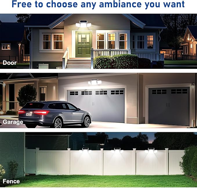 White Solar Security Light Outdoor Super Bright LED, Motion Sensor Flood Light, 3 Heads 270° Wide Angle, Remote Control, IP65 Waterproof, 3 Modes (2 Packs)