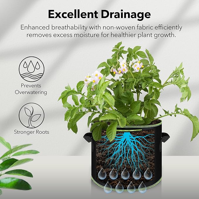 BN-LINK 5-Pack 10 Gallon Grow Bags, Heavy Duty Aeration Fabric Pots with Handles, Thickened Nonwoven Plant Bags for Vegetables, Flowers, Fruits