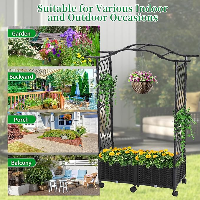 Planter Box with Trellis Outdoor, 57in Plastic Raised Garden Bed with Trellis Hanging Roof for Vine Flower, with Lockable Wheels & Drain Plug for Patio Backyard Balcony, Black, 1 Pc