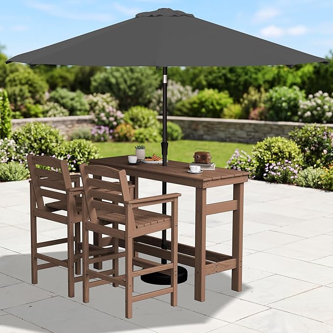SERWALL Outdoor Bar Set with 9ft Umbrella, All-Weather HDPE Patio Bar Chairs and Table, Outdoor Furniture Set for Poolside, Backyard, Garden - Brown