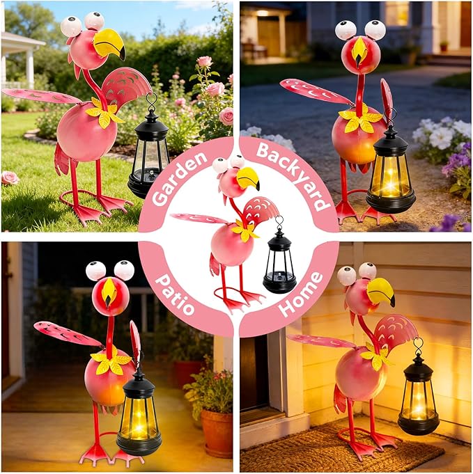 Solar Flamingo Statue with Lights,13in Tall Solar Flamingo Garden Sculptures, Birthday Gift for Woman Grandma Big Metal Decorative for Outdoor Patio Porch Ornaments Lawn Yard Balcony