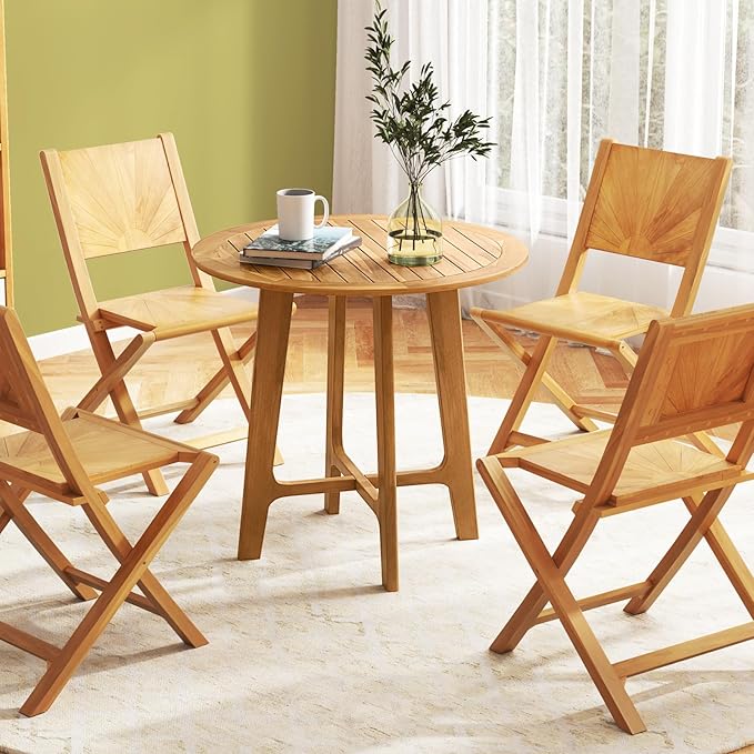 Tangkula 31.5" Round Patio Dining Table, Teak Wood Outdoor Dining Table with Slatted Tabletop, X-Shaped Frame & 4 Sturdy Supporting Legs, Indoor or Outside Table for Deck, Garden, Poolside & Backyard
