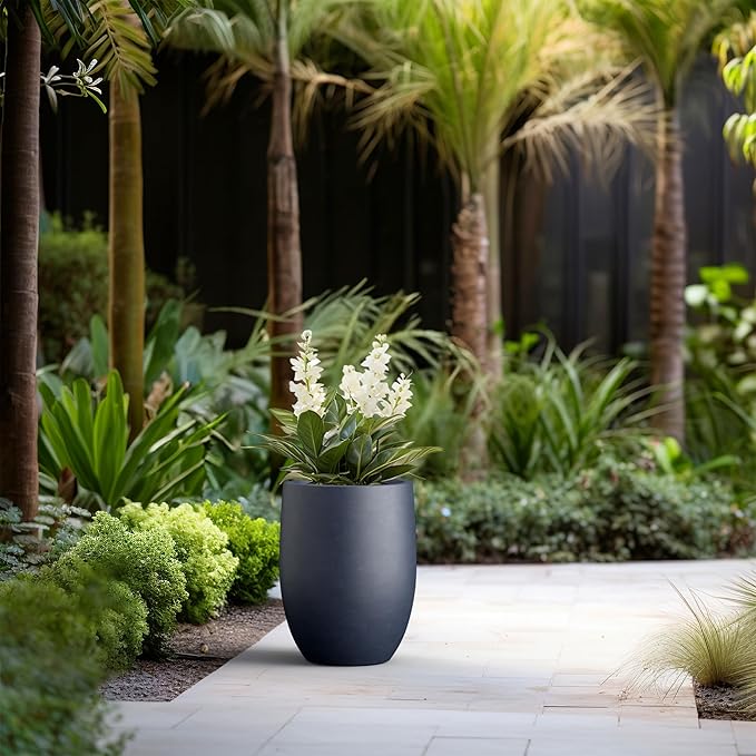 Kante 16.5 Inch Tall Concrete Planter, Large Indoor Outdoor Plant Pot with Drainage, Smooth Charcoal Finish with Painted Interior, Ideal for Porch, Home, Garden, Patio