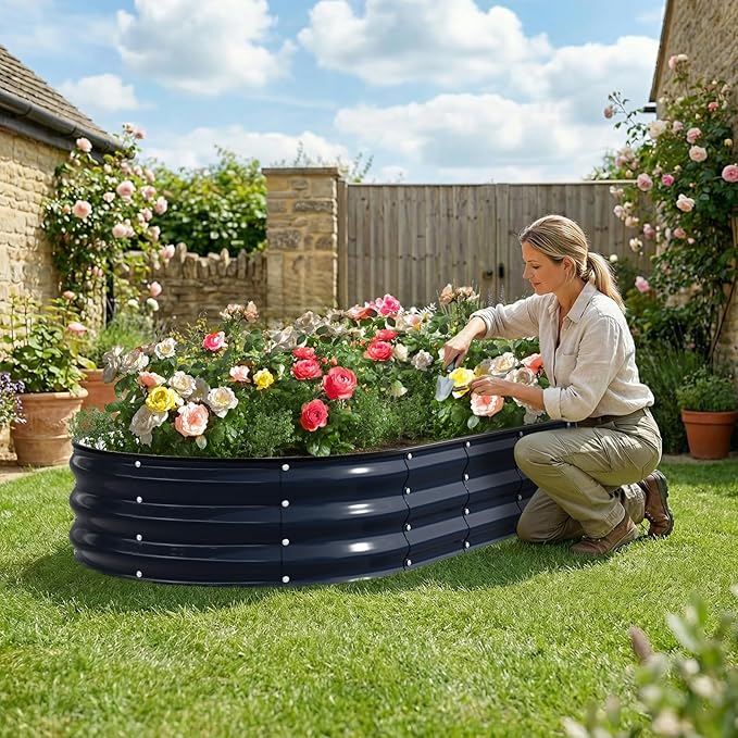 Kesfitt Raised Garden Bed, 6x3x1 FT Galvanized Steel Metal Raised Garden Bed, Oval Open-Bottom Design, 12-Inch Deep for Outdoor Vegetable & Herb Gardening, Midnight Blue