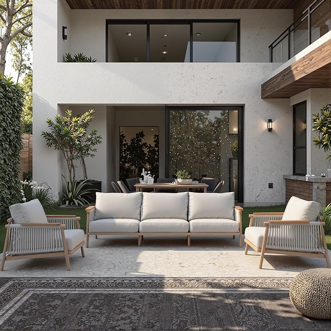 Acanva Modern All-Weather Aluminum Outdoor Patio Sofa with Thick Cushions, Olefin Fabric Sunroom Backyard Furniture, Light Khaki, Armchair