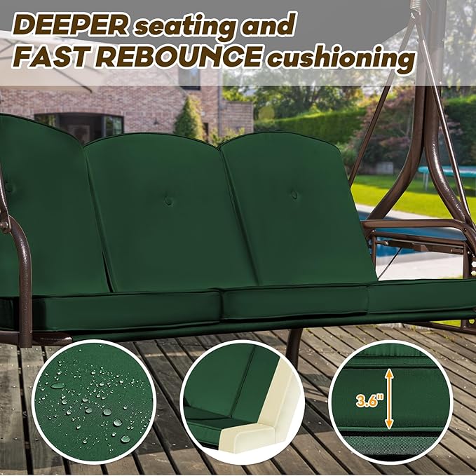 3 in 1 Patio Swing with Adjustable Canopy for Adults, 3 Seat Outdoor Swing with Thickened Cushions,Pillows & Cup Holders for Backyard, Porch, Garden (Green)