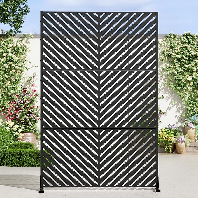 Casaphoria Metal Privacy Screen Outdoor, 72" H x 47" W Freestanding Decorative Privacy Screen for Patio Deck Balcony Garden with Stable Base, Black Parallel