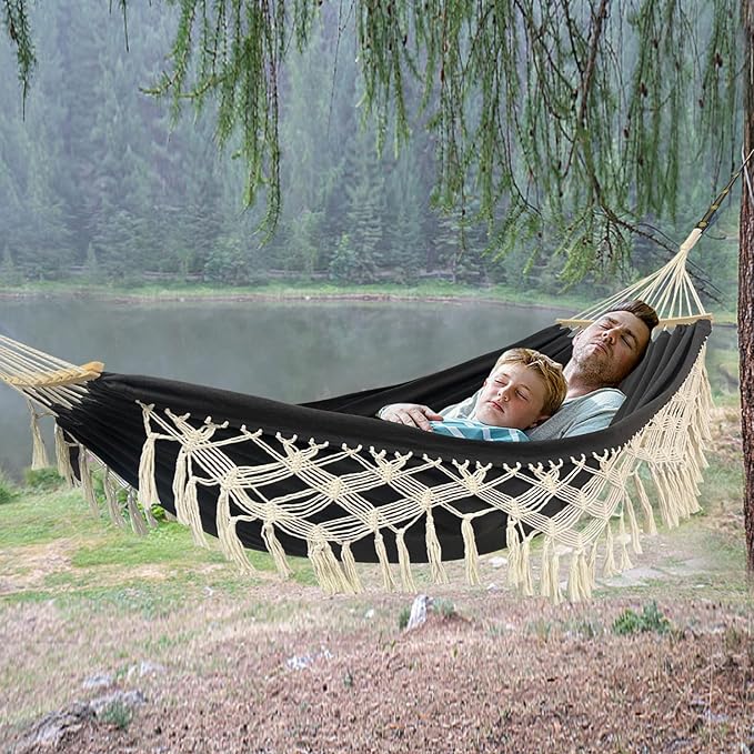 Hammock Hanging Swing Double Max 500lbs Macrame for Indoor Outdoor Patio Yard Garden (Black Gray)