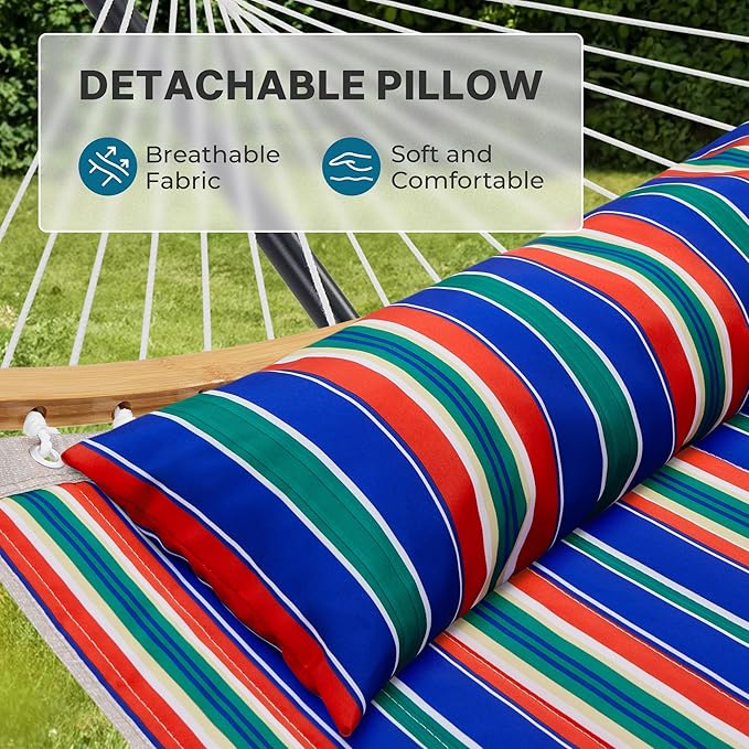 SUPERJARE Curved-Bar Hammock with Stand, 2 Person Heavy Duty Hammock Frame, Detachable Pillow & Portable Carrying Bag, Perfect for Outdoor & Indoor, Retro Blue and Green