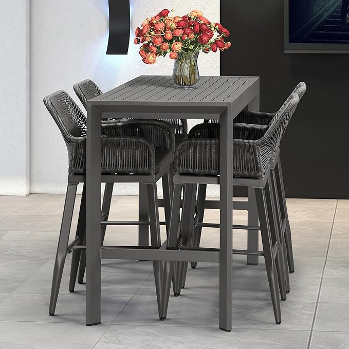 PURPLE LEAF Outdoor 29" Bar Stools Set of 2, Boho Patio Bar Height Chair with Cushion and Back for Outdoor and Indoor, Garden, Patio, Grey